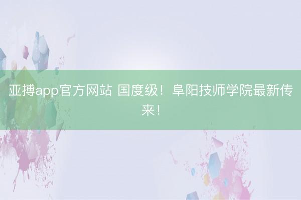 亚搏app官方网站 国度级！阜阳技师学院最新传来！